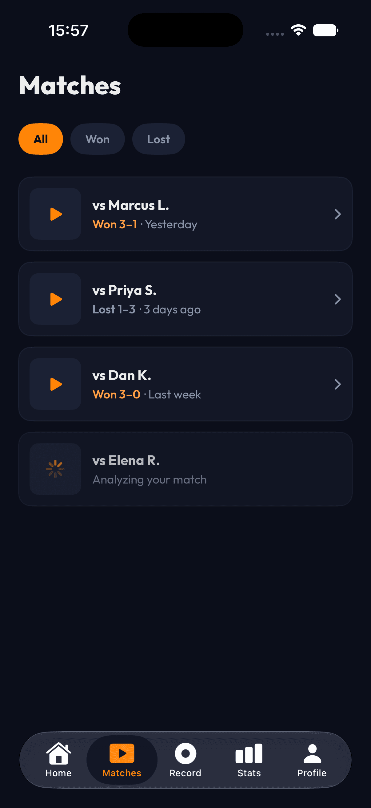 PaddleIQ matches screen